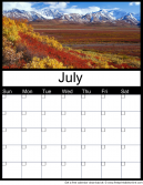 July Free Printable Monthly Calendar with outback plains - use for any year