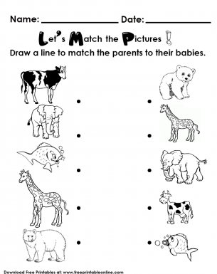 Matching Animal Parents To Their Babies, Preschool Worksheet