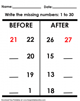 before and after missing numbers worksheet