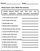 Months of the Year Worksheet - Read the clue and write the answer