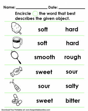 Sense of Touch and Taste - Worksheet For Kids - Encircle the word that