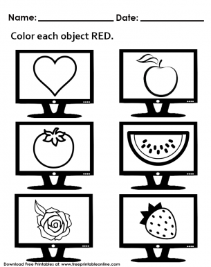 Free - Only Color Red Objects - Worksheet Handout For Preschool Kids