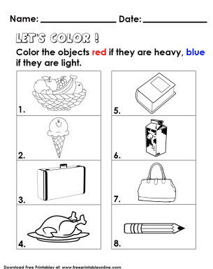 Heavy and light things worksheet