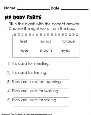 body parts fill in blanks with and without the answers