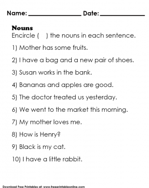 Learn to Identify Nouns in a Sentence Worksheet For Kids