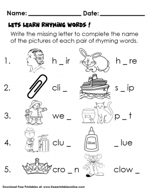 word completion and rhyming kids worksheet