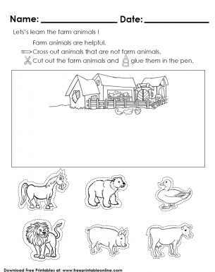 let s meet farm animals cut them out and paste on the pen kids worksheet