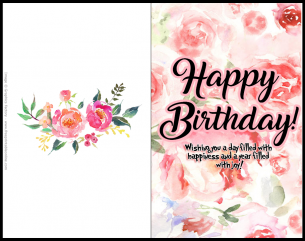 Printable Happy Birthday Card, Pink Floral Birthday Card, Elegant