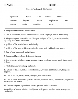 Greek Gods and Goddesses Worksheet - Free Printable Online