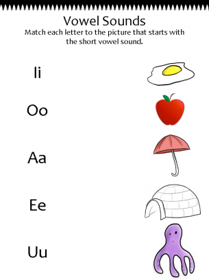 Kindergarten Matching Vowel Sounds Worksheet