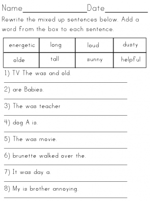 Sentence Structure Adjective Usage Worksheet 2