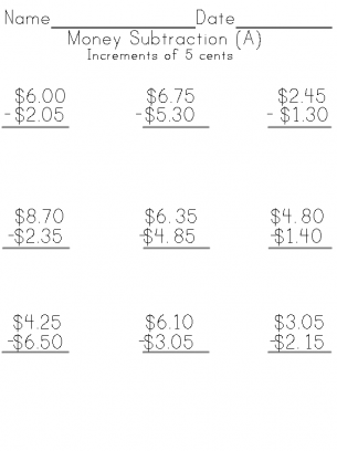 money subtraction increments of 5 cents sheet